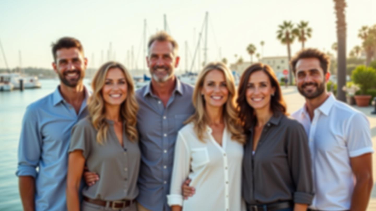Diverse, smiling team of wellness experts standing outdoors in Marina del Rey, ocean and palm trees in the background, exuding health and collaboration.