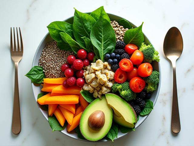 A colorful plate of fresh, whole foods for gut health, vibrant and appealing