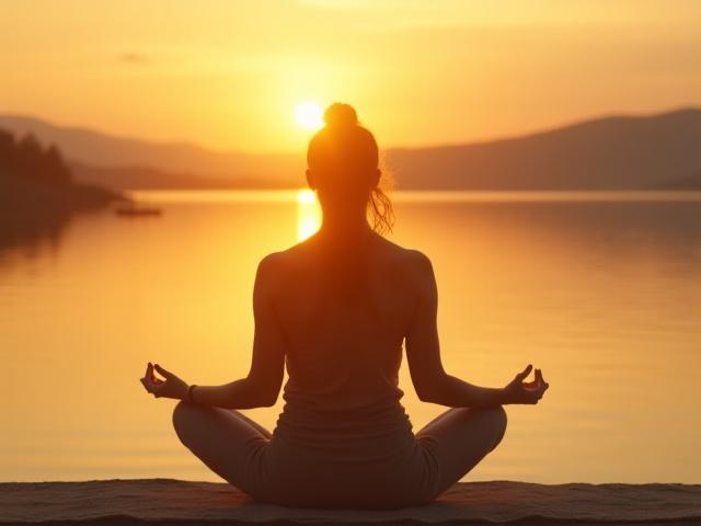 A person meditating peacefully by a calm body of water at sunrise, representing stress reduction