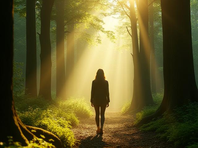 A person walking through a sunlit forest, embodying connection with nature and well-being.