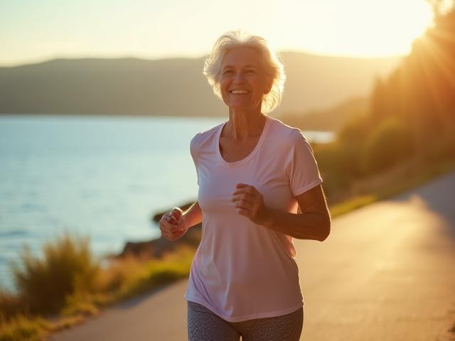 An active senior woman enjoying a walk on a light trail, showcasing mobility and balance.