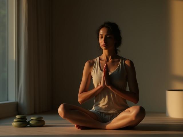 A serene woman meditating at sunset, symbolizing stress relief and peaceful sleep.