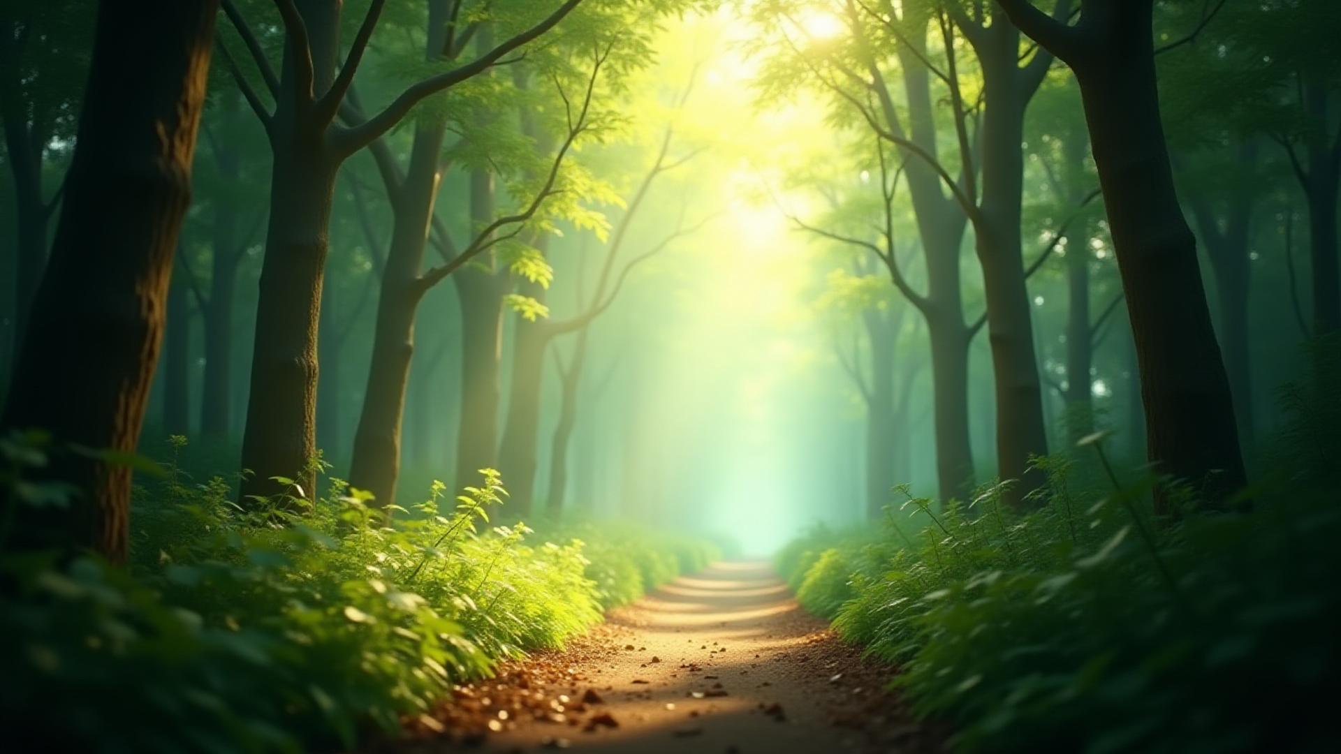 Forest path with sunlight filtering through leaves, soft and inviting