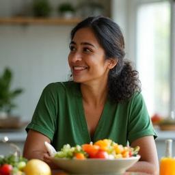 Dr. Anya Sharma, smiling and engaging, demonstrating mindful eating techniques